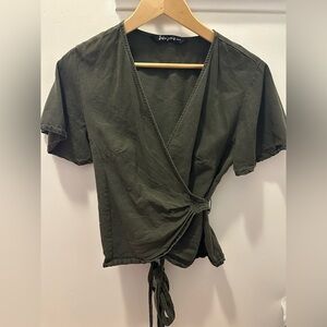 Y2K Olive Green Wrap Short Sleeve Top (S)